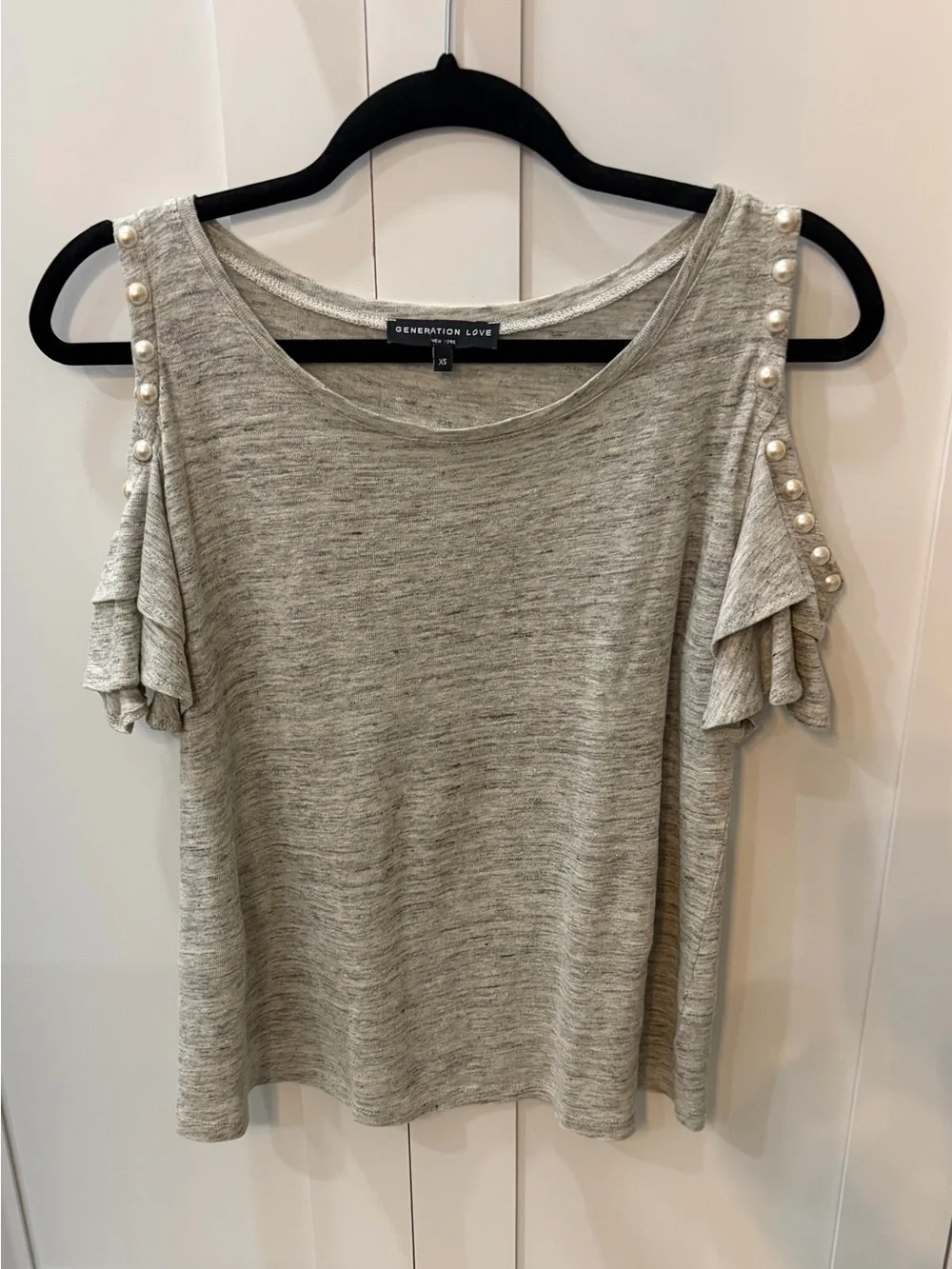 Generation Love Light Gray Cold-Shoulder Pearl Accent Tee